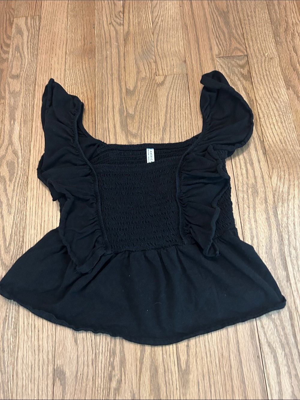American Eagle Black Ruffled Smocked Square-Neck Women's Top